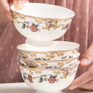 Conjunto de  tigelas de arroz de porcelana fina de luxo com pé alto e revestimento anti-escaldante, ideais para uso doméstico e em restaurantes.