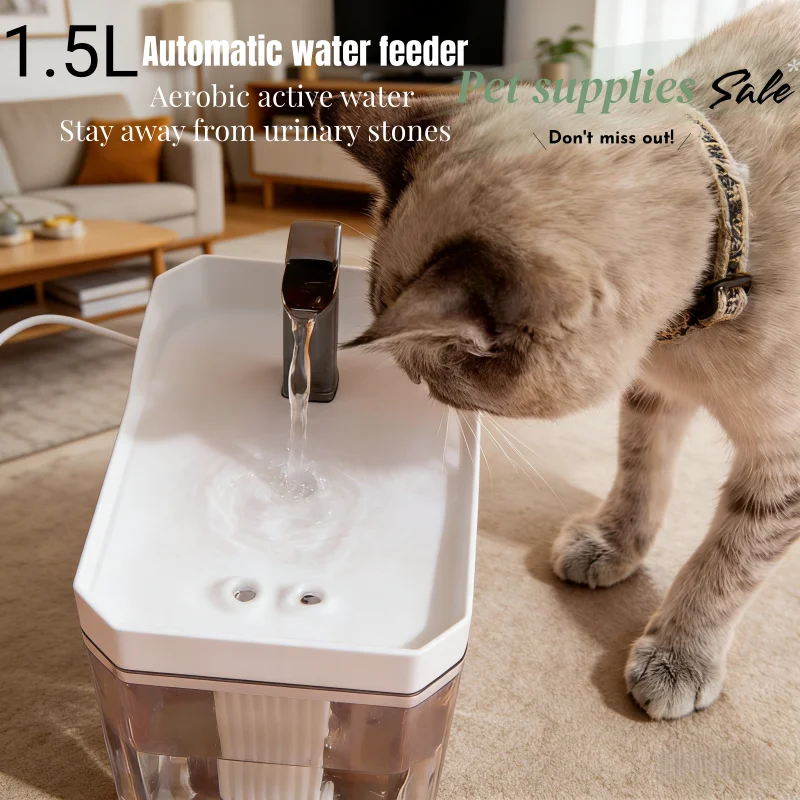 Fonte de Água Automática para Gatos de 1,5L com Filtro USB, Dispensador de Água para Animais de Estimação com Circulação de Água Fresca para Gatos e Cães Pequenos - Imagem 2