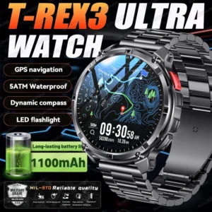 T-Rex3 ultra 1100mah militar relógio inteligente masculino 1.7 "amoled gps caminho 5atm à prova dwaterproof água bússola lanterna led smartwatch ios