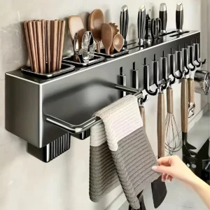 Organizador de Cozinha de Aço Carbono Reforçado para Montagem em Parede, Suporte para Facas sem Perfuração, Utensílios e Tábuas de Corte, Economia de Espaço